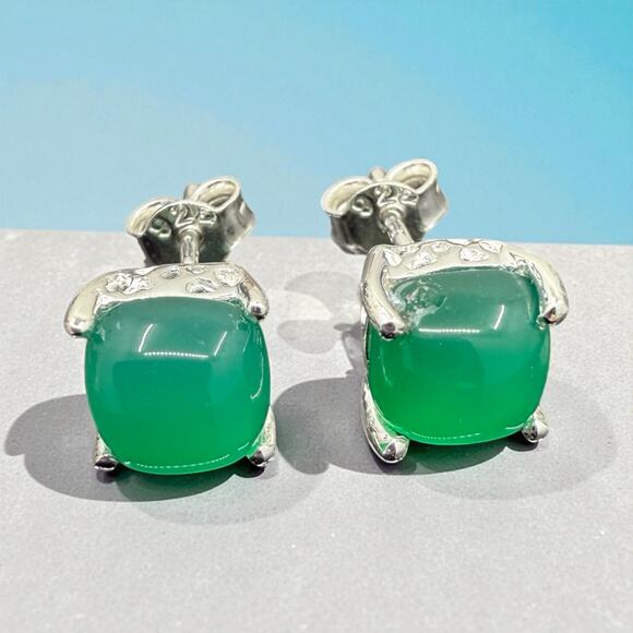 Natural Green Onyx Cabochon Stud Earrings 925 Sterling Silver Handmade - Picture 1 of 5